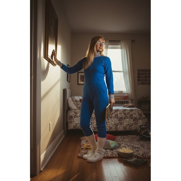 Vintage Sears JR Bazaar Jumpsuit M Blue Fleece Full Zip Retro rainbow 1970s cozy